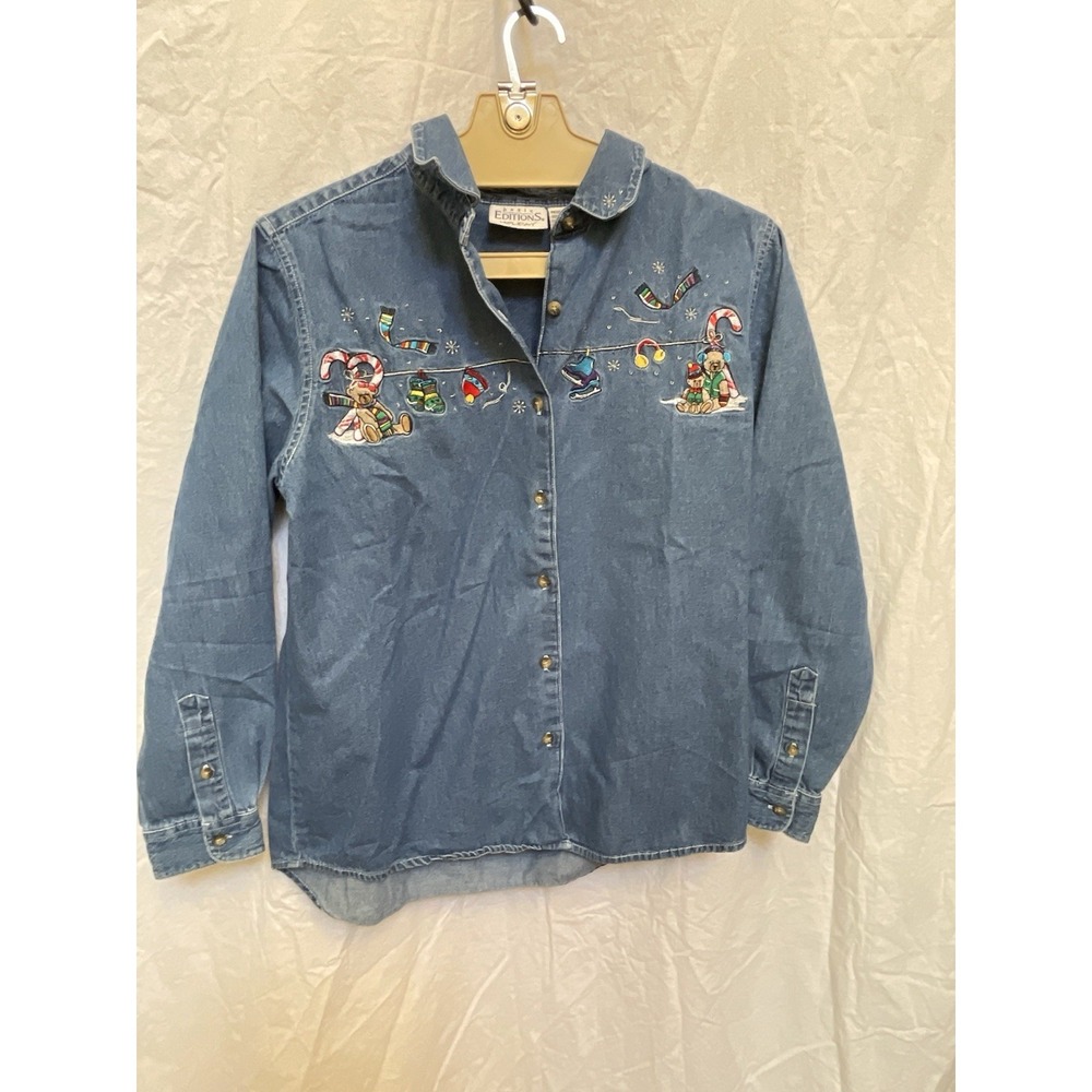 Basic Editions Full Zip Jacket Windbreaker Women's M Blue Denim Embroidered Bear